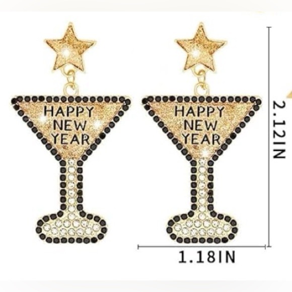 Gold & Black Rhinestone Happy New Year Martini Glass Earrings | NYE Jewelry - Picture 2 of 4